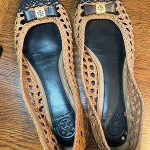 Tory Burch Black and Brown Woven Flats with Bow
